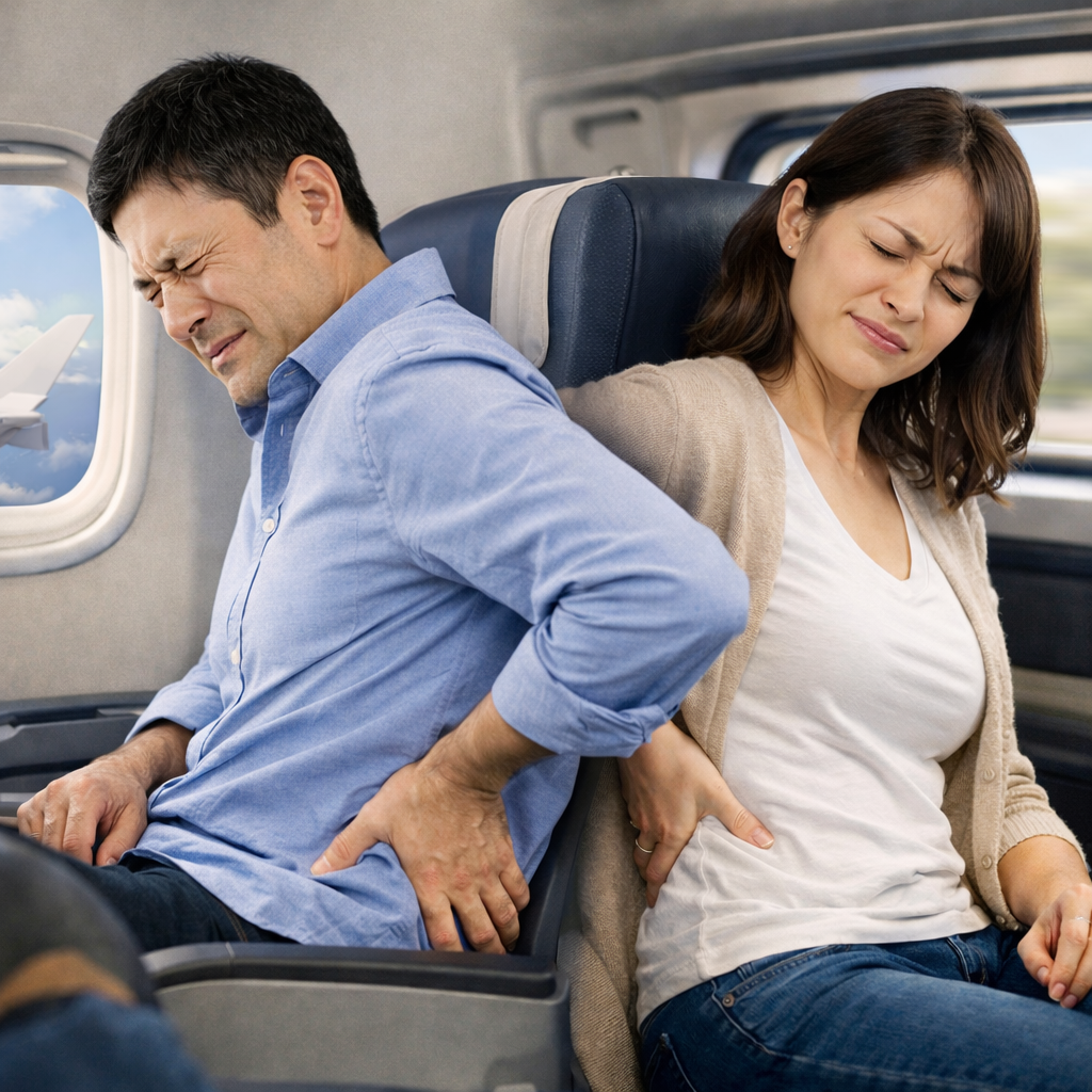 飛行機や新幹線など長時間移動で腰がつらくなるイメージ(腰痛対策の解説記事)